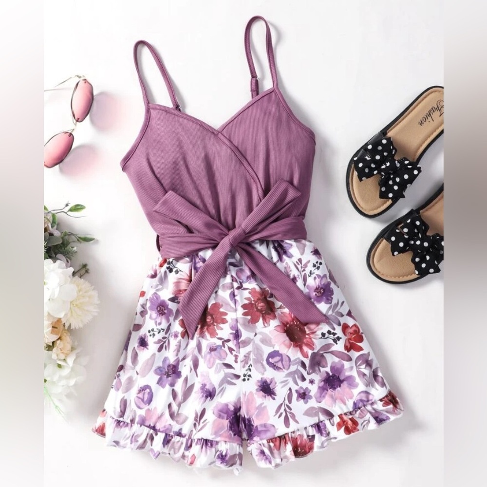 Shein Floral Ruffle Cami Belted Romper, Size 14 - NWOT